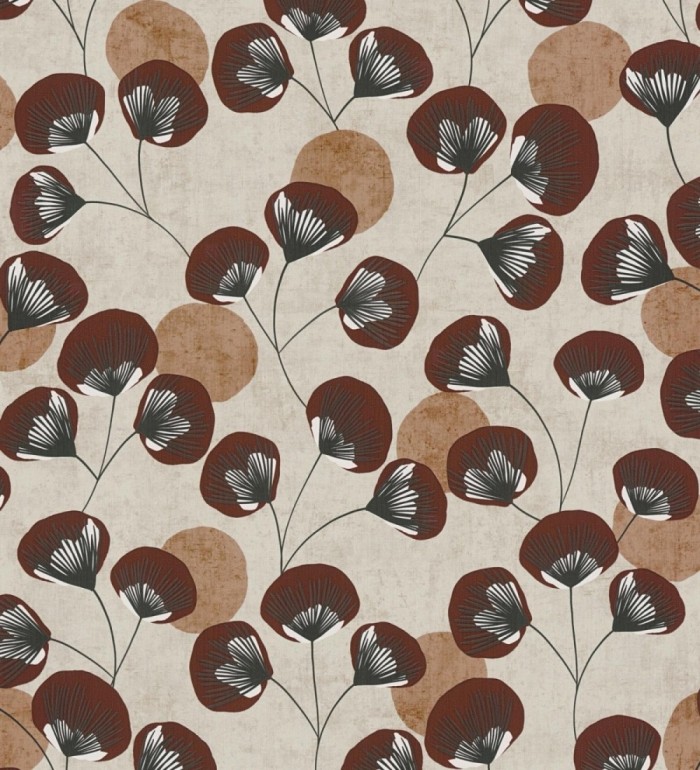 Papel pintado flores japonesas rojo cordobán con forma de abanico estilo retro - Sakura Delicate 684960