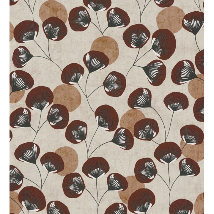 Papel pintado flores japonesas rojo cordobán con forma de abanico estilo retro - Sakura Delicate 684960