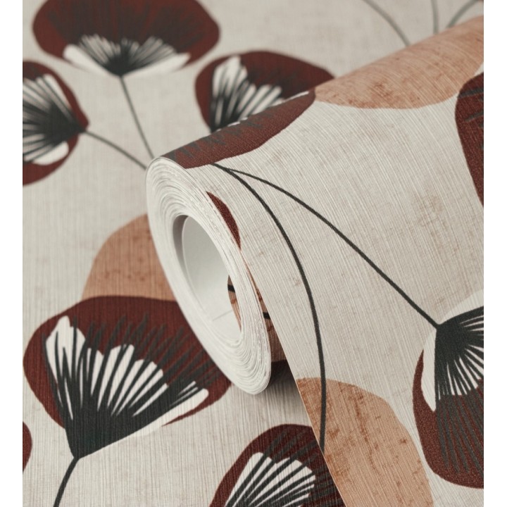 Papel pintado flores japonesas rojo cordobán con forma de abanico estilo retro - Sakura Delicate 684960
