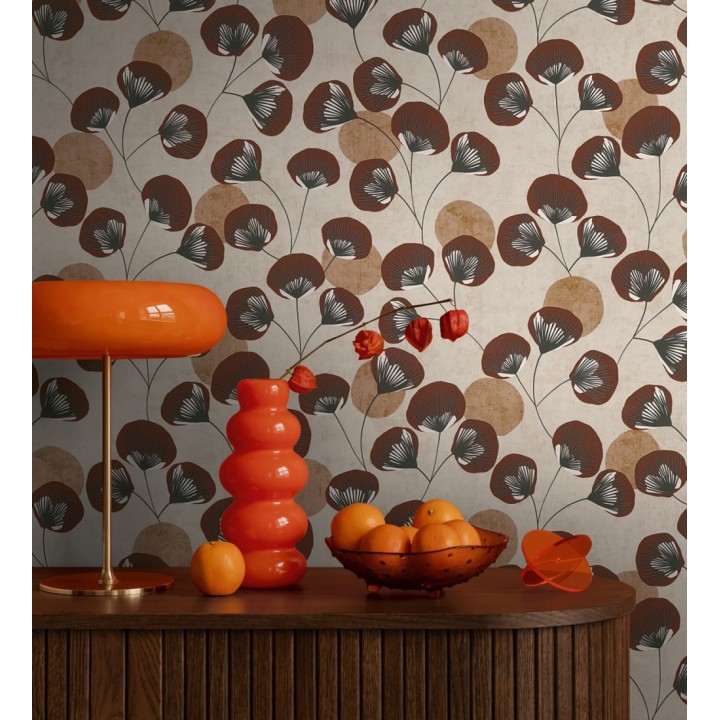 Papel pintado flores japonesas rojo cordobán con forma de abanico estilo retro - Sakura Delicate 684960