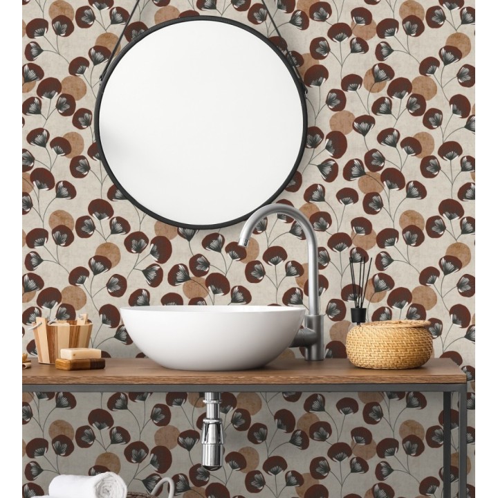 Papel pintado flores japonesas rojo cordobán con forma de abanico estilo retro - Sakura Delicate 684960