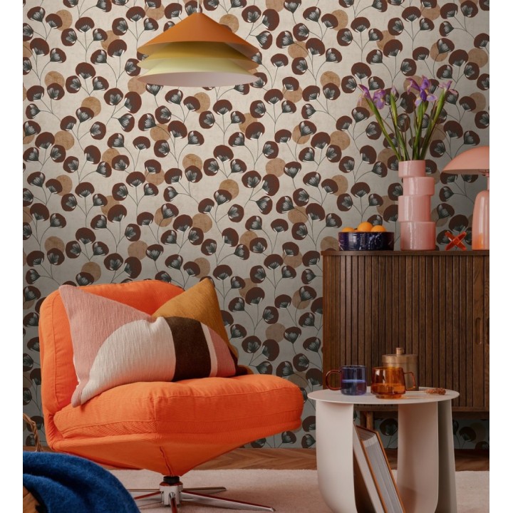 Papel pintado flores japonesas rojo cordobán con forma de abanico estilo retro - Sakura Delicate 684960