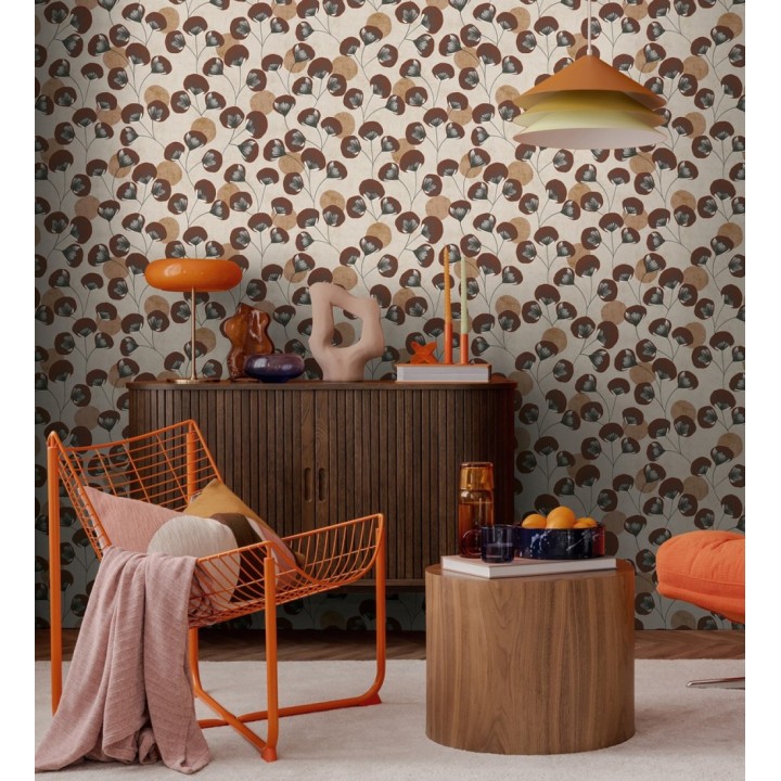 Papel pintado flores japonesas rojo cordobán con forma de abanico estilo retro - Sakura Delicate 684960