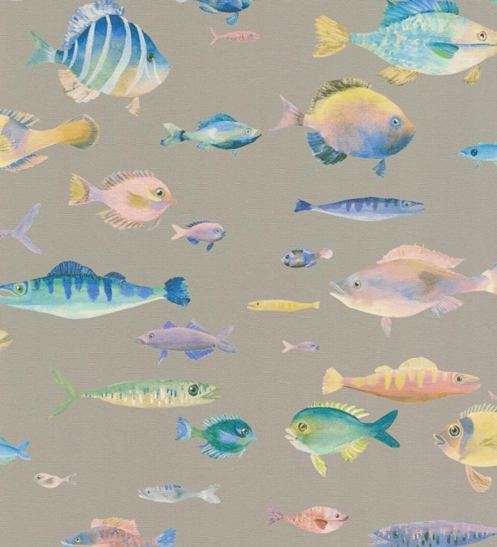 Papel pintado dibujo peces vintage refinado fondo color taupe texturizado - Lagoon Colorful 684970