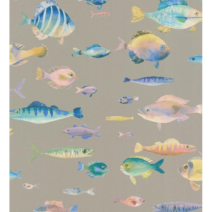 Papel pintado dibujo peces vintage refinado fondo color taupe texturizado - Lagoon Colorful 684970