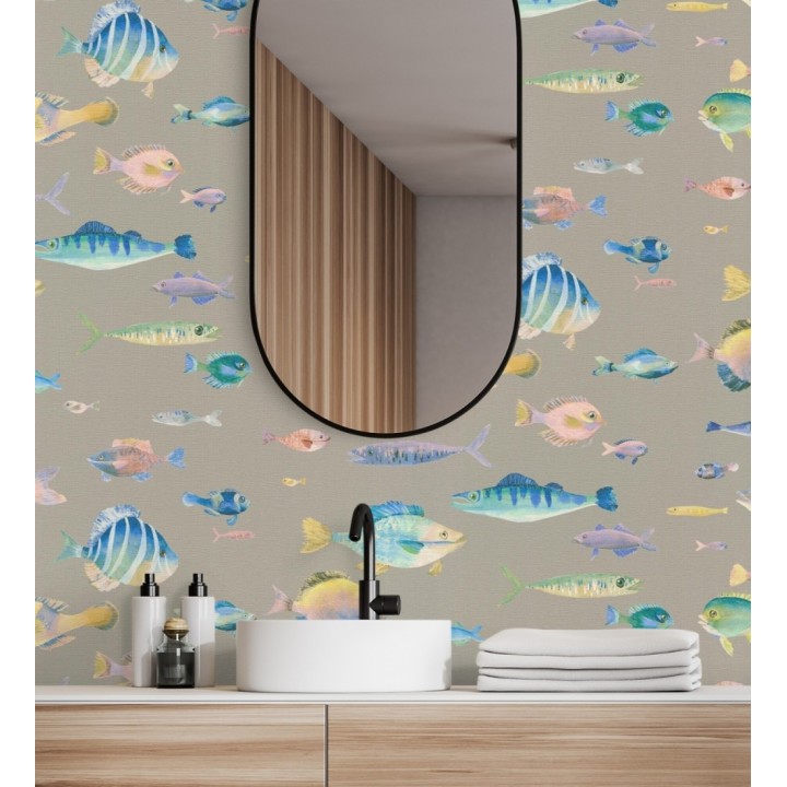 Papel pintado dibujo peces vintage refinado fondo color taupe texturizado - Lagoon Colorful 684970