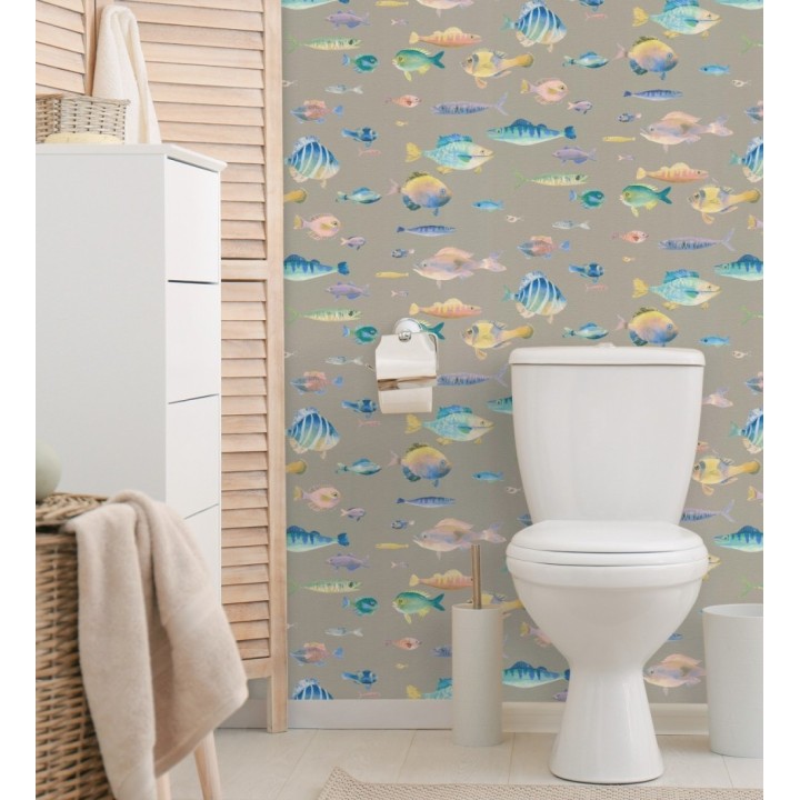 Papel pintado dibujo peces vintage refinado fondo color taupe texturizado - Lagoon Colorful 684970