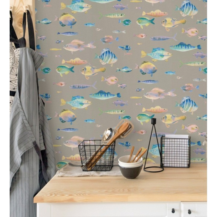 Papel pintado dibujo peces vintage refinado fondo color taupe texturizado - Lagoon Colorful 684970