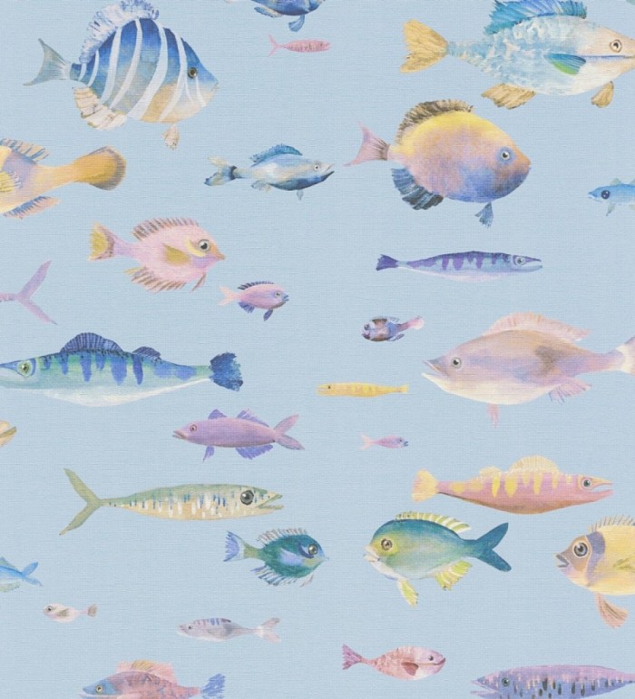 Papel pintado dibujo peces vintage refinado fondo color azul texturizado - Lagoon Colorful 684971