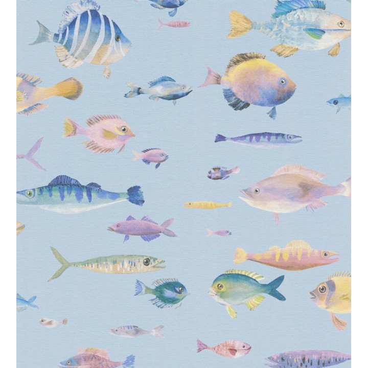 Papel pintado dibujo peces vintage refinado fondo color azul texturizado - Lagoon Colorful 684971