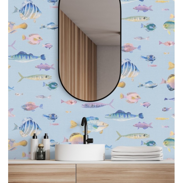 Papel pintado dibujo peces vintage refinado fondo color azul texturizado - Lagoon Colorful 684971