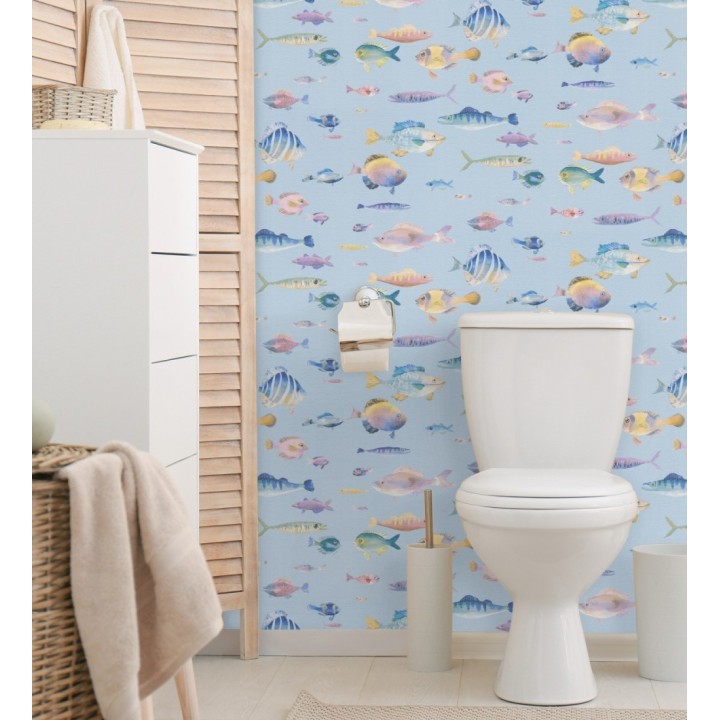 Papel pintado dibujo peces vintage refinado fondo color azul texturizado - Lagoon Colorful 684971
