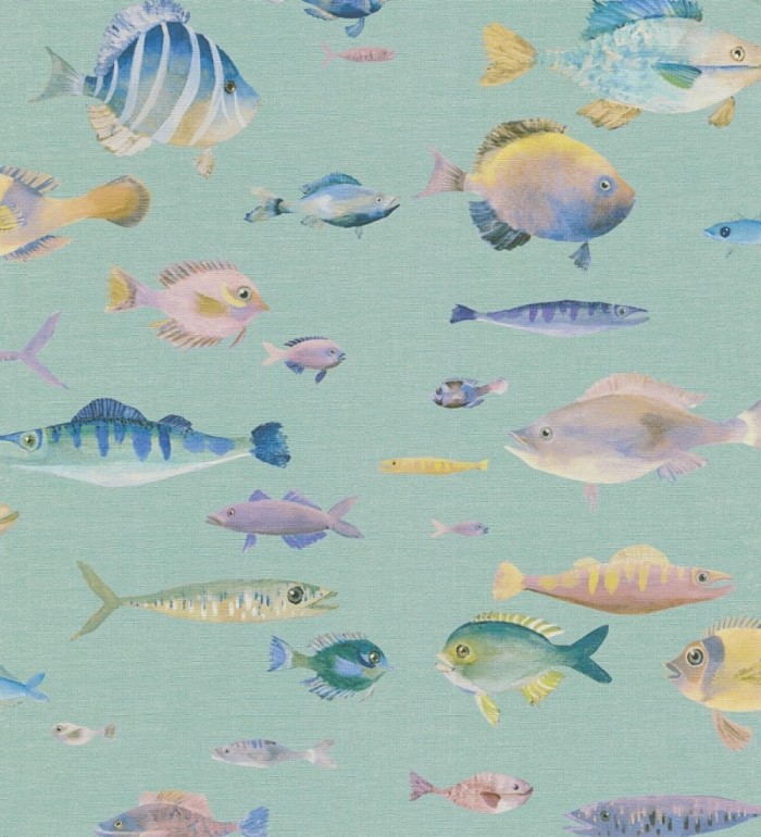Papel pintado dibujo peces vintage refinado fondo color verde texturizado - Lagoon Colorful 684972