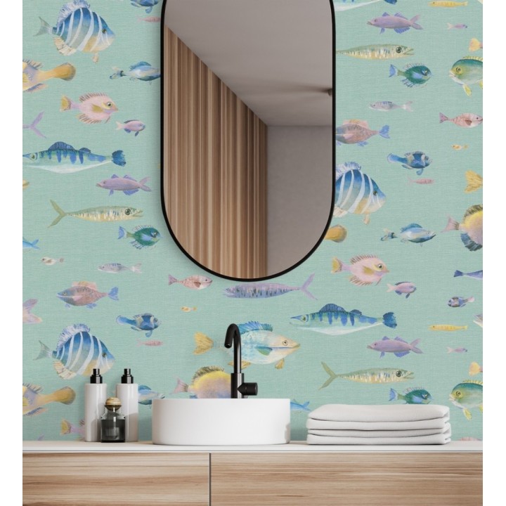 Papel pintado dibujo peces vintage refinado fondo color verde texturizado - Lagoon Colorful 684972