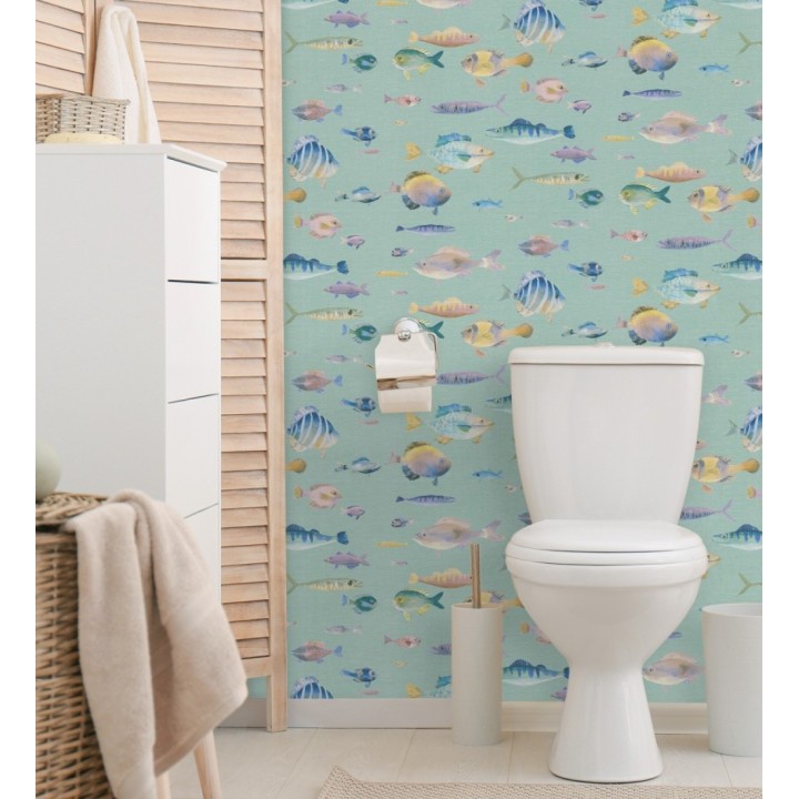 Papel pintado dibujo peces vintage refinado fondo color verde texturizado - Lagoon Colorful 684972