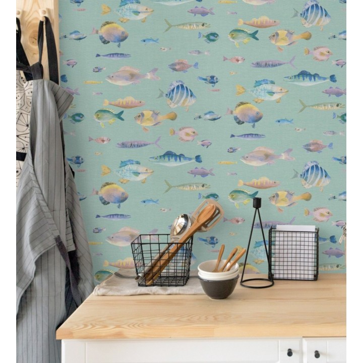 Papel pintado dibujo peces vintage refinado fondo color verde texturizado - Lagoon Colorful 684972