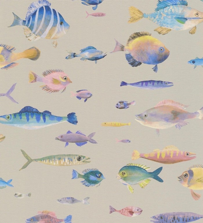 Papel pintado dibujo peces vintage refinado fondo color beige texturizado - Lagoon Colorful 684973