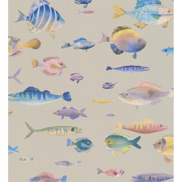 Papel pintado dibujo peces vintage refinado fondo color beige texturizado - Lagoon Colorful 684973