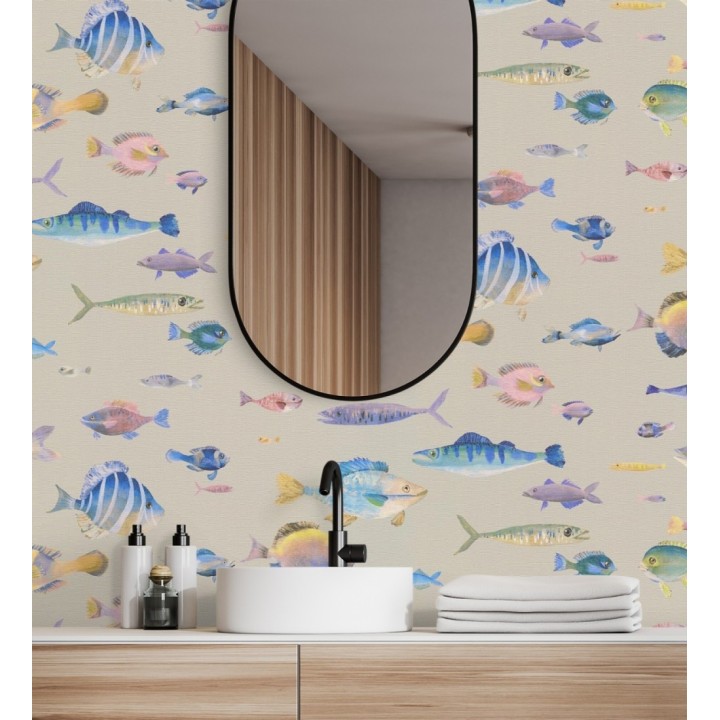 Papel pintado dibujo peces vintage refinado fondo color beige texturizado - Lagoon Colorful 684973