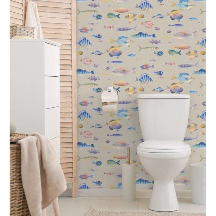 Papel pintado dibujo peces vintage refinado fondo color beige texturizado - Lagoon Colorful 684973