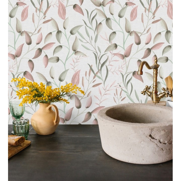 Papel pintado botánico vintage de hojas rosa y beige neutro - Saya Sweet 684974