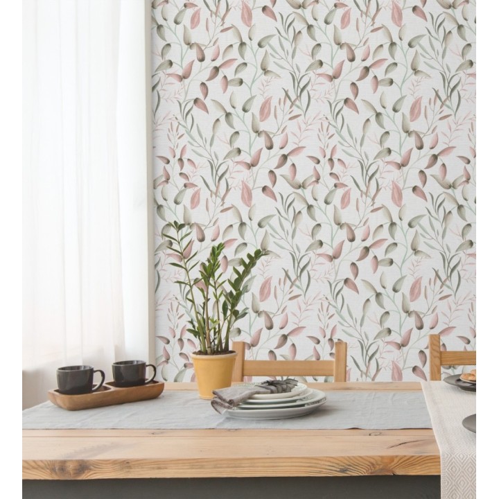 Papel pintado botánico vintage de hojas rosa y beige neutro - Saya Sweet 684974