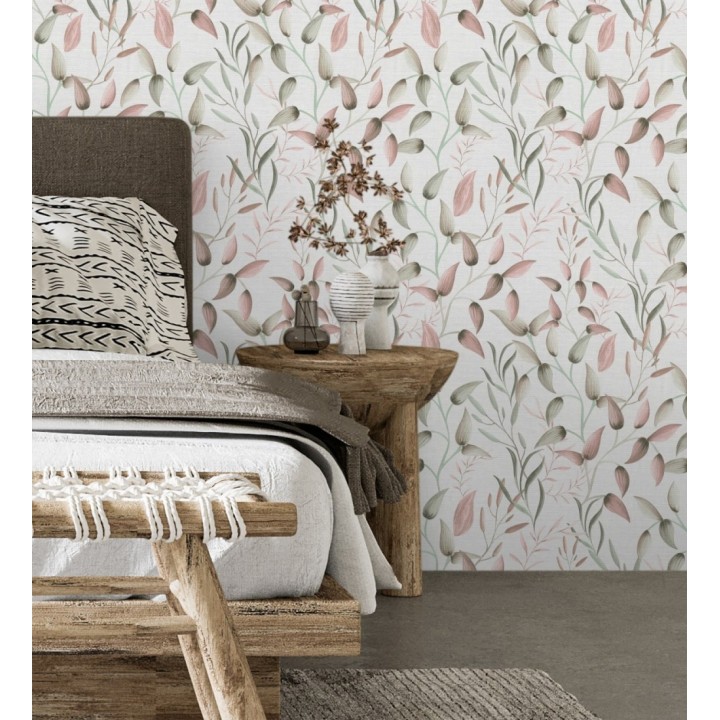 Papel pintado botánico vintage de hojas rosa y beige neutro - Saya Sweet 684974