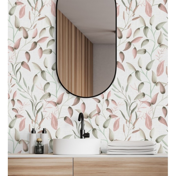 Papel pintado botánico vintage de hojas rosa y beige neutro - Saya Sweet 684974