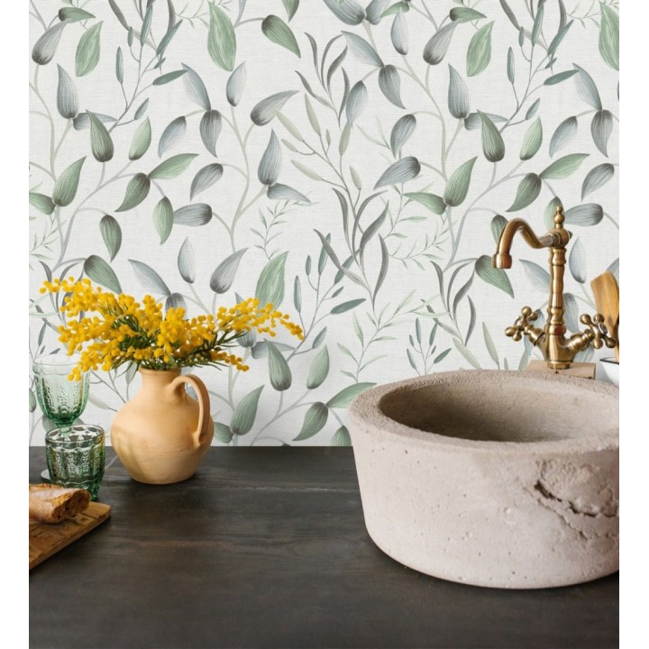 Papel pintado botánico vintage de hojas verdes y azul grisáceo - Saya Sweet 684975