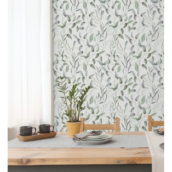 Papel pintado botánico vintage de hojas verdes y azul grisáceo - Saya Sweet 684975