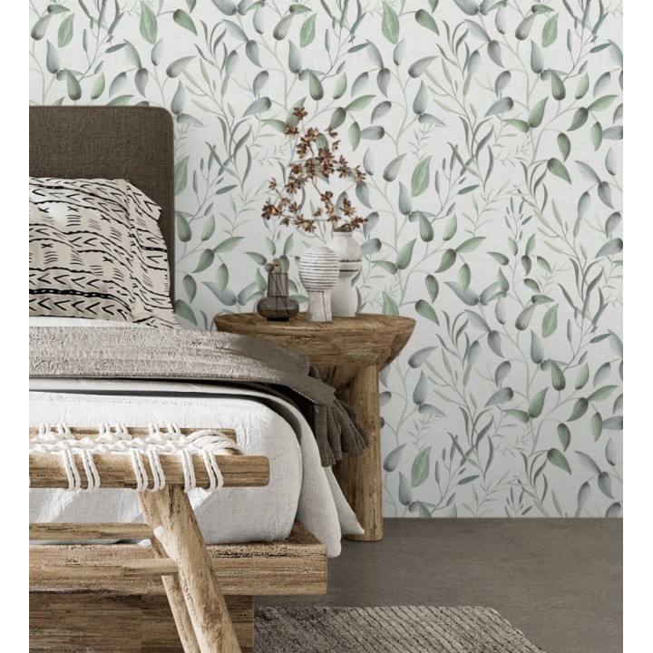 Papel pintado botánico vintage de hojas verdes y azul grisáceo - Saya Sweet 684975