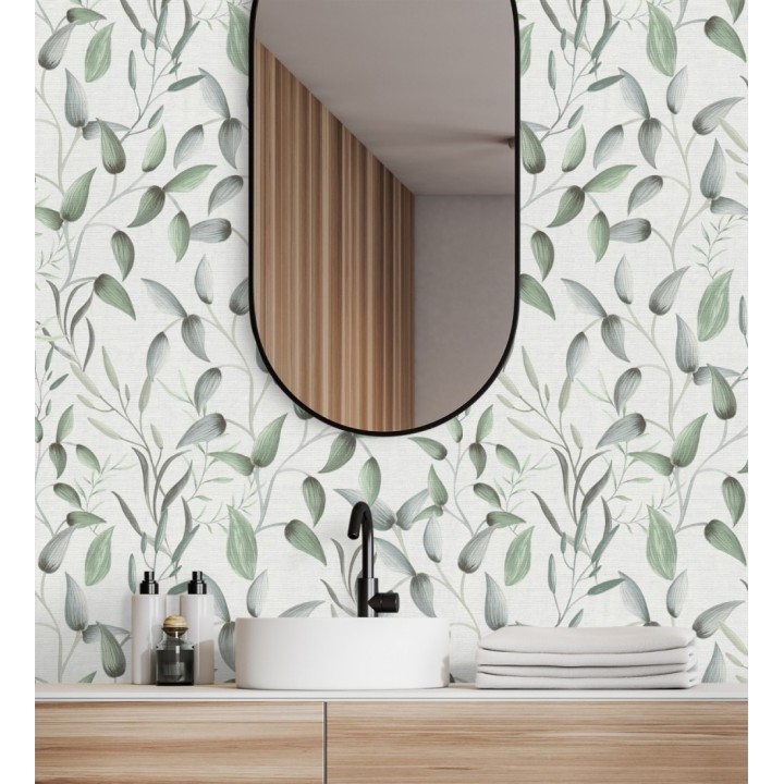 Papel pintado botánico vintage de hojas verdes y azul grisáceo - Saya Sweet 684975