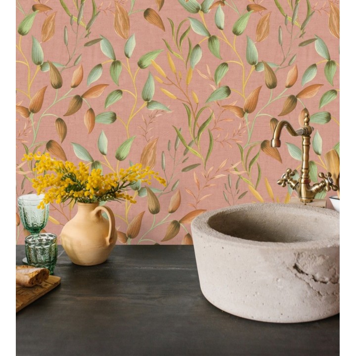 Papel pintado botánico vintage de hojas verde laurel y terracota - Saya Sweet 684976