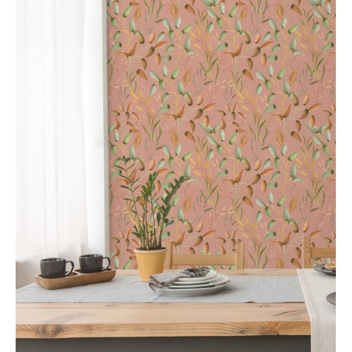 Papel pintado botánico vintage de hojas verde laurel y terracota - Saya Sweet 684976