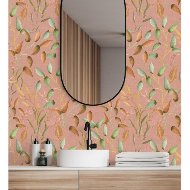 Papel pintado botánico vintage de hojas verde laurel y terracota - Saya Sweet 684976