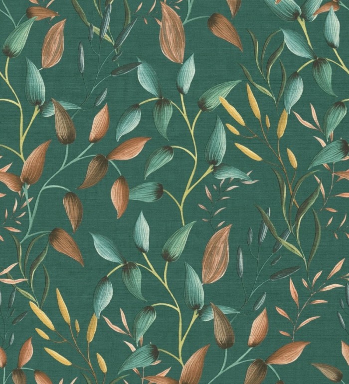 Papel pintado botánico vintage de hojas terracota fondo verde esmeralda - Saya Sweet 684977