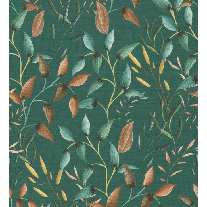 Papel pintado botánico vintage de hojas terracota fondo verde esmeralda - Saya Sweet 684977
