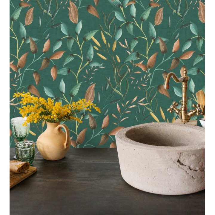 Papel pintado botánico vintage de hojas terracota fondo verde esmeralda - Saya Sweet 684977