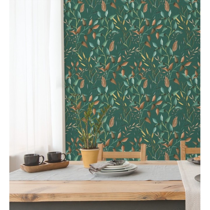 Papel pintado botánico vintage de hojas terracota fondo verde esmeralda - Saya Sweet 684977