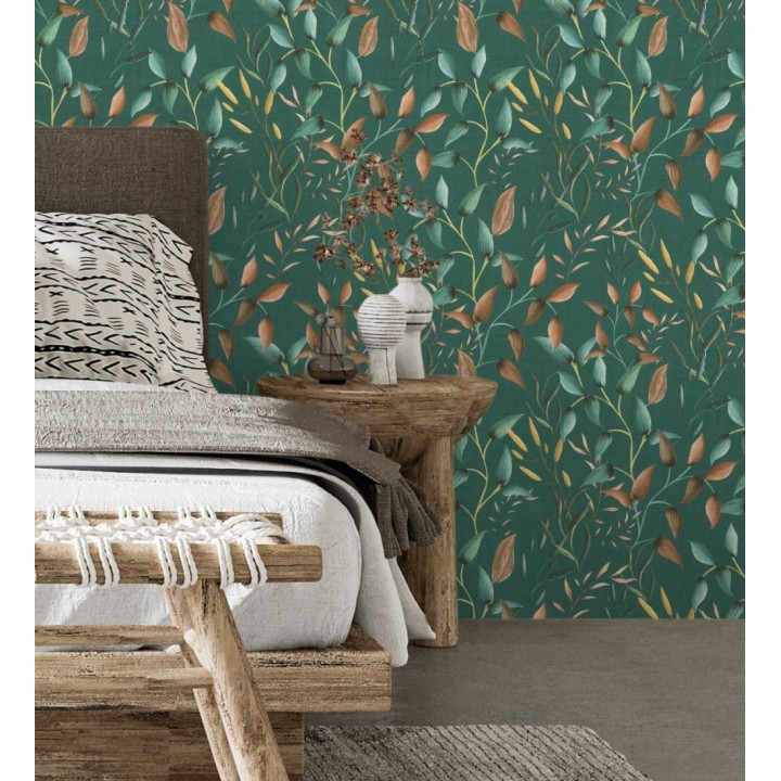 Papel pintado botánico vintage de hojas terracota fondo verde esmeralda - Saya Sweet 684977