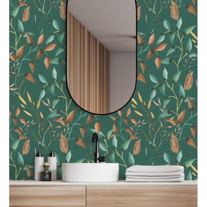 Papel pintado botánico vintage de hojas terracota fondo verde esmeralda - Saya Sweet 684977