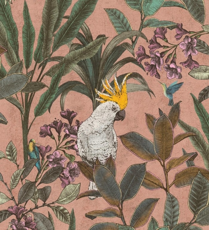 Papel pintado cacatúas efecto pátina craquelada tono salmón - Cockatoo Bright 684978