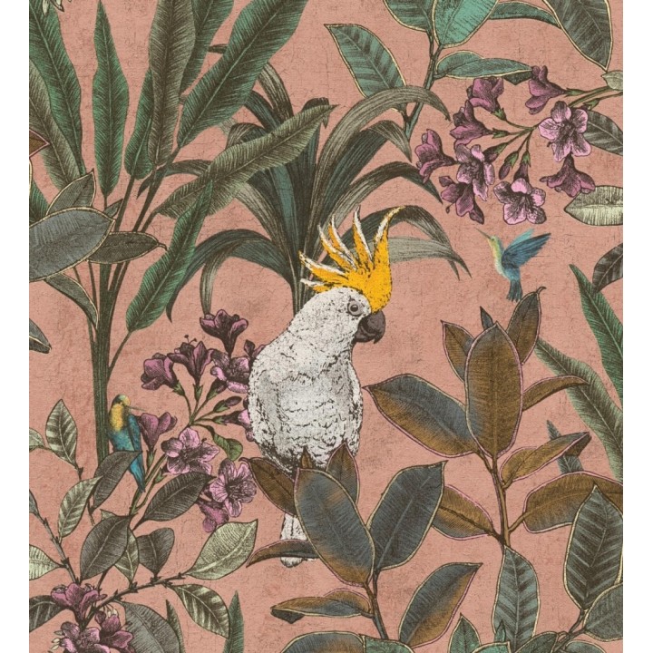 Papel pintado cacatúas efecto pátina craquelada tono salmón - Cockatoo Bright 684978