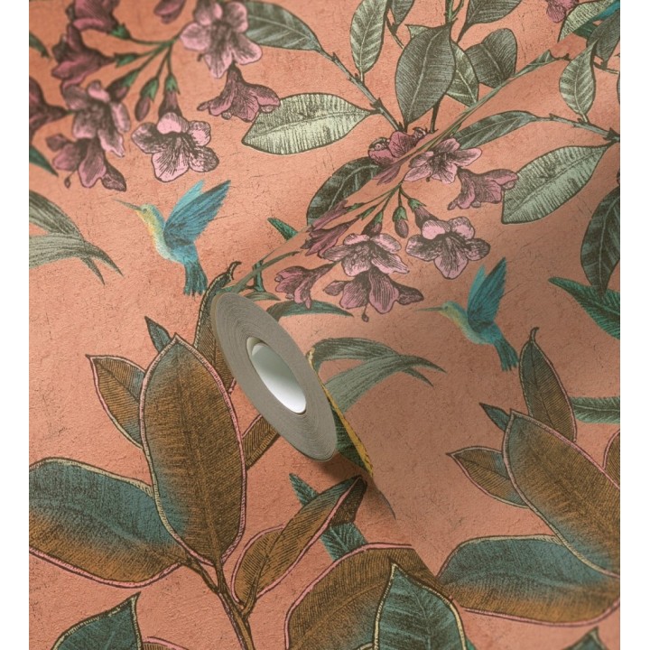 Papel pintado cacatúas efecto pátina craquelada tono salmón - Cockatoo Bright 684978