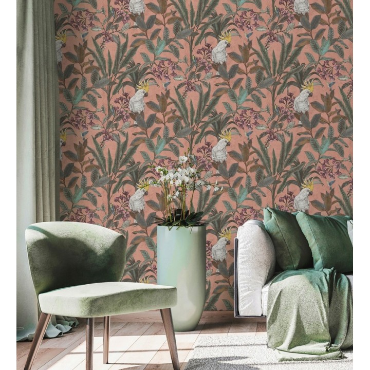Papel pintado cacatúas efecto pátina craquelada tono salmón - Cockatoo Bright 684978