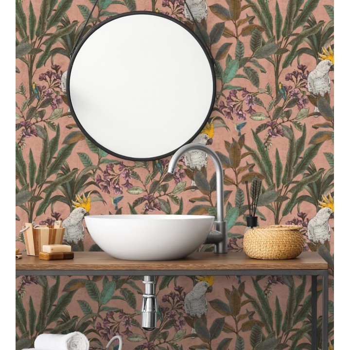 Papel pintado cacatúas efecto pátina craquelada tono salmón - Cockatoo Bright 684978