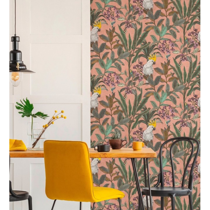 Papel pintado cacatúas efecto pátina craquelada tono salmón - Cockatoo Bright 684978