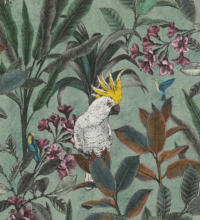 Papel pintado cacatúas efecto pátina craquelada tono verde salvia - Cockatoo Bright 684979