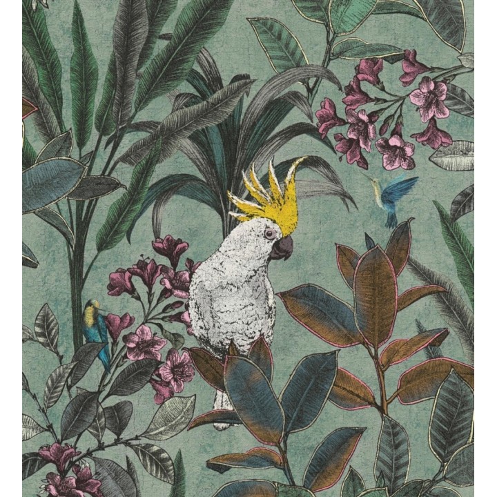 Papel pintado cacatúas efecto pátina craquelada tono verde salvia - Cockatoo Bright 684979