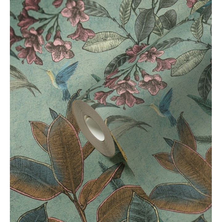 Papel pintado cacatúas efecto pátina craquelada tono verde salvia - Cockatoo Bright 684979